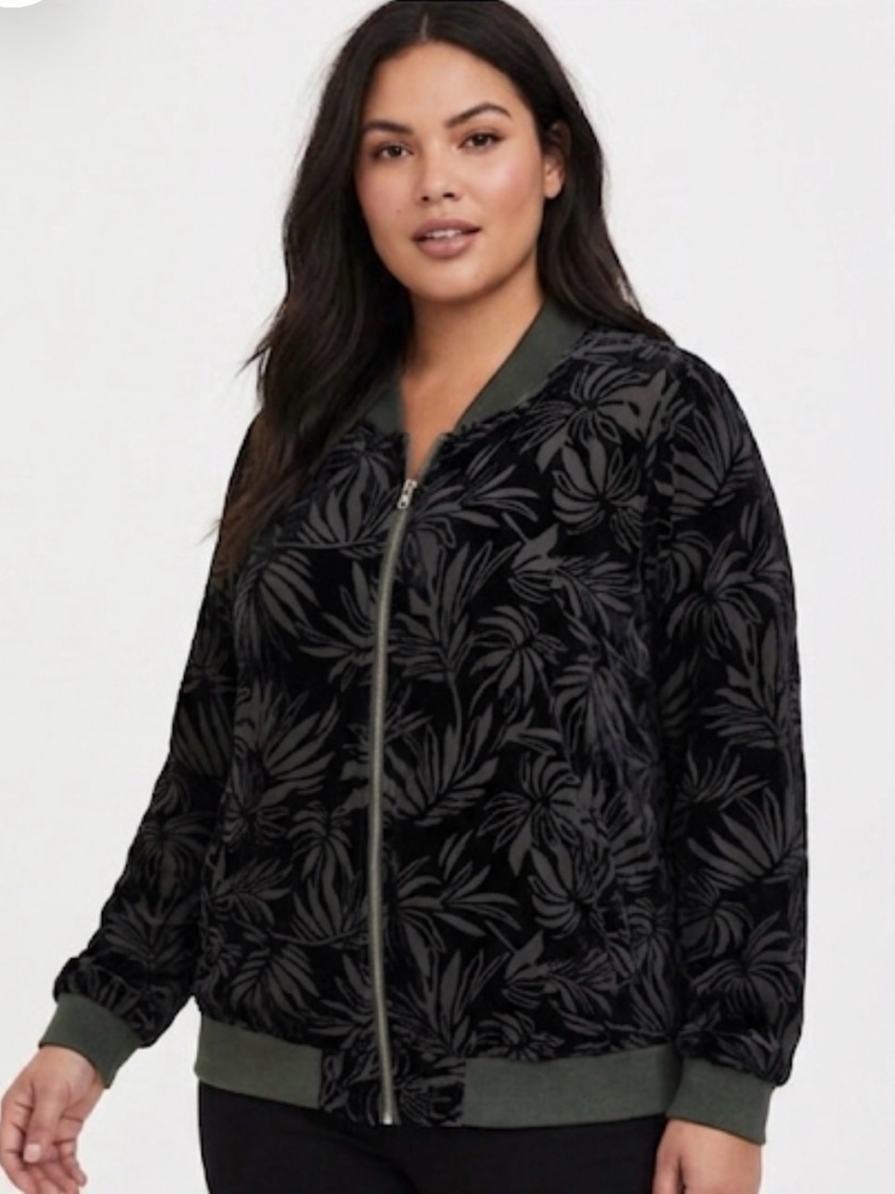 TORRID Burnout Velvet Tropical Palm Full Zip Bomber Jacket Black Sz. 2X